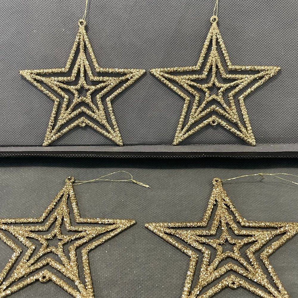 Set of 4 - Gold Glitter Star Holiday Ornaments